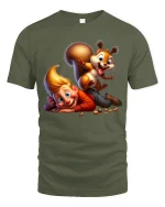 Funny Kid And Playful Squirrel Cartoon Graphic Tee With Joyful Art - military green t-shirt on white background