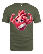 Cute Strong Heart Cartoon Graphic Tee With Funny Positive Energy - military green t-shirt on white background