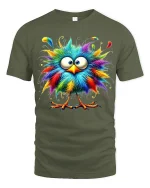 Funny Colorful Fluffy Bird Graphic Tee With Cute Cartoon Style - military green t-shirt on white background