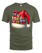 Christmas Santa Hat Gift Stack Tee With Festive Holiday Cheer - military green t-shirt on white background