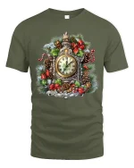 Vintage Christmas Clock Wreath Tee With Classic Holiday Charm - military green t-shirt on white background