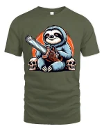 Savage Sloth With Chainsaw Tee Featuring Dark Humor Cartoon Art - military green t-shirt on white background