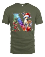 Christmas Letter N Deer Tee With Elegant Festive Winter Artwork - military green t-shirt on white background