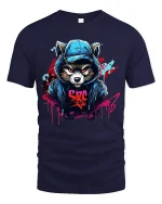 Urban Raccoon Street Art Tee With Bold Graffiti Style Design - navy t-shirt on white background