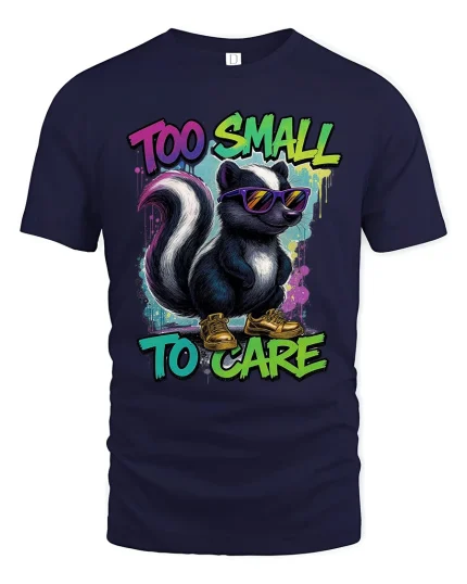 Too Small To Care Funny Skunk Graphic Tee With Cool Attitude - navy t-shirt on white background