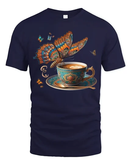 Butterfly Coffee Art Graphic Tee With Elegant Vintage Feel - navy t-shirt on white background