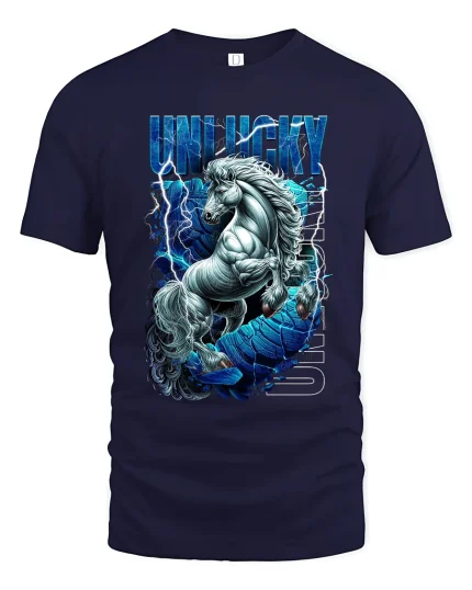 Unlucky Lightning Unicorn Graphic Tee With Fierce Fantasy Power - navy t-shirt on white background