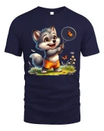 Happy Puppy Butterfly Catcher Graphic Tee With Cute Summer Vibes - navy t-shirt on white background