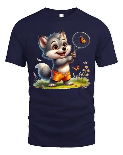 Happy Puppy Butterfly Catcher Graphic Tee With Cute Summer Vibes - navy t-shirt on white background