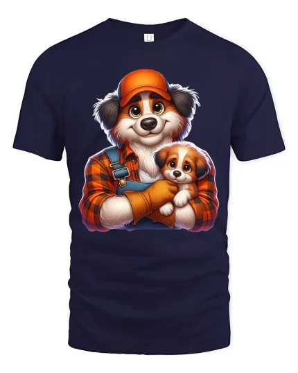 Loving Dog Parent And Puppy Hug Graphic Tee With Warm Family Feel - navy t-shirt on white background