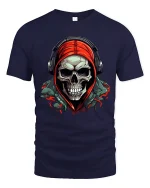 Skull With Hoodie And Headphones Graphic Tee Street Style Art - navy t-shirt on white background