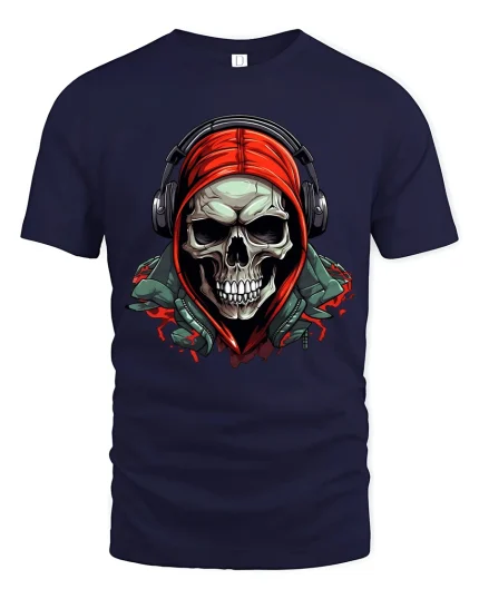 Skull With Hoodie And Headphones Graphic Tee Street Style Art - navy t-shirt on white background