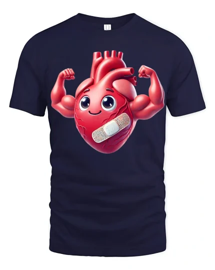 Cute Strong Heart Cartoon Graphic Tee With Funny Positive Energy - navy t-shirt on white background