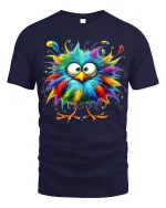 Funny Colorful Fluffy Bird Graphic Tee With Cute Cartoon Style - navy t-shirt on white background