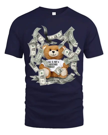Funny Rich Teddy Bear Money Graphic Tee With Bold Street Humor - navy t-shirt on white background