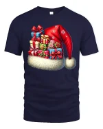 Christmas Santa Hat Gift Stack Tee With Festive Holiday Cheer - navy t-shirt on white background