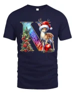 Christmas Letter N Deer Tee With Elegant Festive Winter Artwork - navy t-shirt on white background