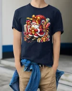 Classic Christmas Santa Gifts Tee With Festive Holiday Magic - model wearing navy tee with hands in pockets