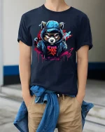 Urban Raccoon Street Art Tee With Bold Graffiti Style Design - model wearing navy tee with hands in pockets