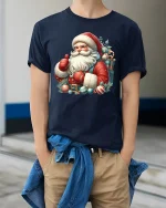 Cheerful Santa Claus Christmas Tee With Festive Holiday Spirit - model wearing navy tee with hands in pockets