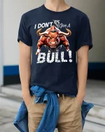 I Dont Give A Bull Bold Attitude Graphic Tee With Power Art - model wearing navy tee with hands in pockets