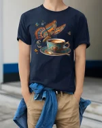 Butterfly Coffee Art Graphic Tee With Elegant Vintage Feel - model wearing navy tee with hands in pockets