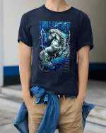 Unlucky Lightning Unicorn Graphic Tee With Fierce Fantasy Power - model wearing navy tee with hands in pockets