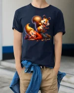 Funny Kid And Playful Squirrel Cartoon Graphic Tee With Joyful Art - model wearing navy tee with hands in pockets
