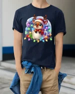 Cute Christmas Reindeer Mug Tee With Cozy Holiday Magic - model wearing navy tee with hands in pockets