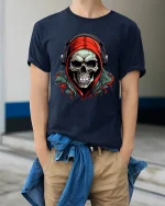 Skull With Hoodie And Headphones Graphic Tee Street Style Art - model wearing navy tee with hands in pockets