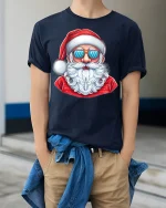 Cool Santa Wearing Sunglasses Graphic Tee With Fun Holiday Style - model wearing navy tee with hands in pockets