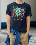 Funny Colorful Fluffy Bird Graphic Tee With Cute Cartoon Style - model wearing navy tee with hands in pockets
