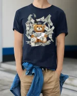Funny Rich Teddy Bear Money Graphic Tee With Bold Street Humor - model wearing navy tee with hands in pockets