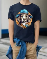 Stylish Dog With Hat Tee Featuring Artistic Vintage Pet Charm - model wearing navy tee with hands in pockets