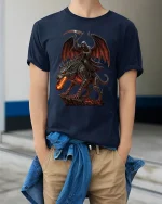 Dark Grim Reaper Riding Hell Beast Tee With Epic Gothic Power - model wearing navy tee with hands in pockets