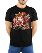 Classic Christmas Santa Gifts Tee With Festive Holiday Magic - model wearing black tee with hands behind back