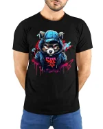 Urban Raccoon Street Art Tee With Bold Graffiti Style Design - model wearing black tee with hands behind back