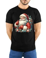 Cheerful Santa Claus Christmas Tee With Festive Holiday Spirit - model wearing black tee with hands behind back