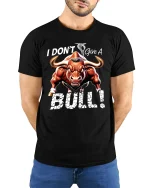 I Dont Give A Bull Bold Attitude Graphic Tee With Power Art - model wearing black tee with hands behind back