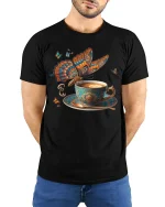 Butterfly Coffee Art Graphic Tee With Elegant Vintage Feel - model wearing black tee with hands behind back