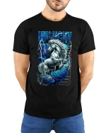 Unlucky Lightning Unicorn Graphic Tee With Fierce Fantasy Power - model wearing black tee with hands behind back