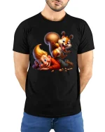 Funny Kid And Playful Squirrel Cartoon Graphic Tee With Joyful Art - model wearing black tee with hands behind back