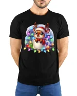Cute Christmas Reindeer Mug Tee With Cozy Holiday Magic - model wearing black tee with hands behind back