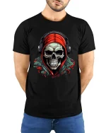 Skull With Hoodie And Headphones Graphic Tee Street Style Art - model wearing black tee with hands behind back