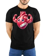 Cute Strong Heart Cartoon Graphic Tee With Funny Positive Energy - model wearing black tee with hands behind back
