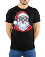 Cool Santa Wearing Sunglasses Graphic Tee With Fun Holiday Style - model wearing black tee with hands behind back