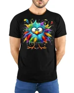 Funny Colorful Fluffy Bird Graphic Tee With Cute Cartoon Style - model wearing black tee with hands behind back