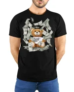 Funny Rich Teddy Bear Money Graphic Tee With Bold Street Humor - model wearing black tee with hands behind back