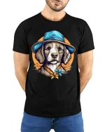 Stylish Dog With Hat Tee Featuring Artistic Vintage Pet Charm - model wearing black tee with hands behind back