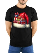 Christmas Santa Hat Gift Stack Tee With Festive Holiday Cheer - model wearing black tee with hands behind back